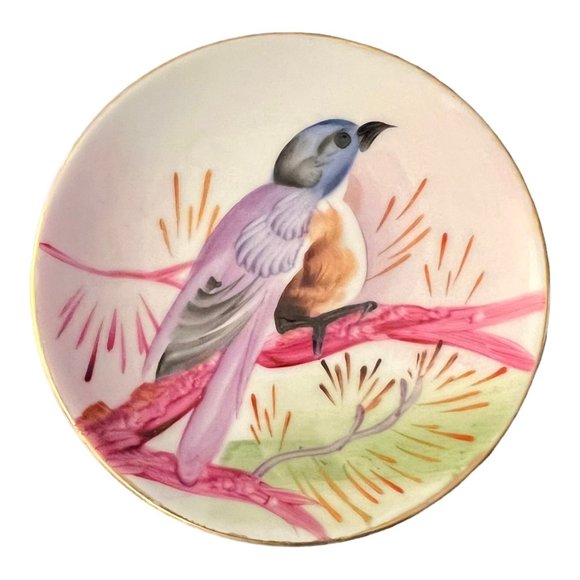 Lot of 2 Vtg Mini Ceramic Decorative Hanging Wild Bird Plates, 4" Dia Gold Edge - Picture 2 of 5